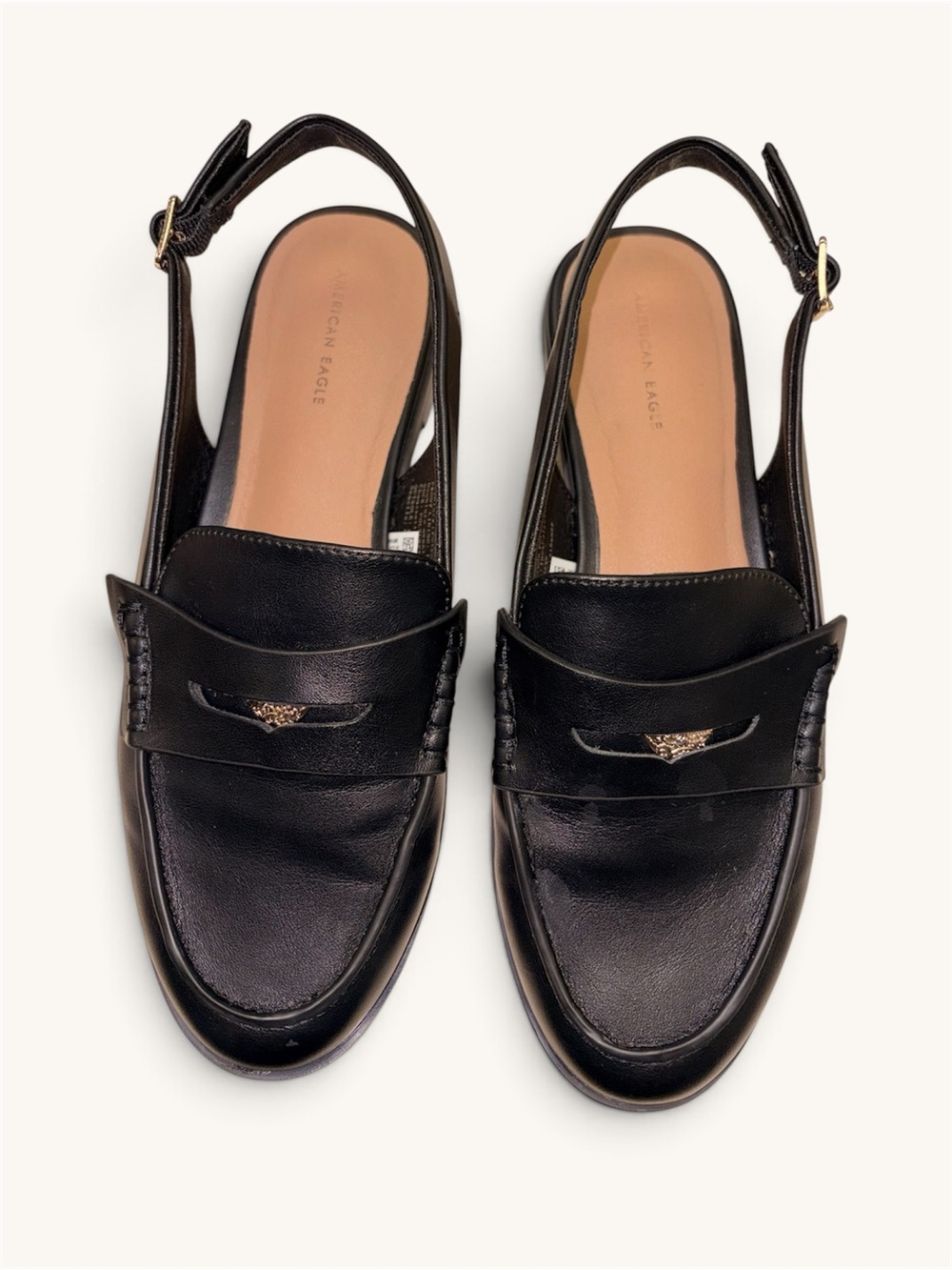 American Eagle Outfitters Black Leather Slingback Loafers with Gold Accent